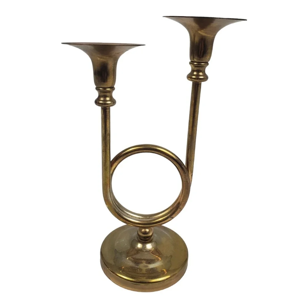 Vintage 2 Arm Trumpet Candle Holder Brass Candelabra Fox Hunting Horn Old Money